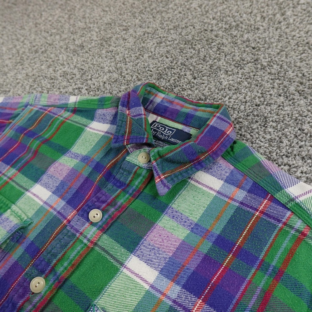 VTG Polo Ralph Lauren Shirt Mens S Blue‎ Green Pony Flannel Dungaree Workshirt